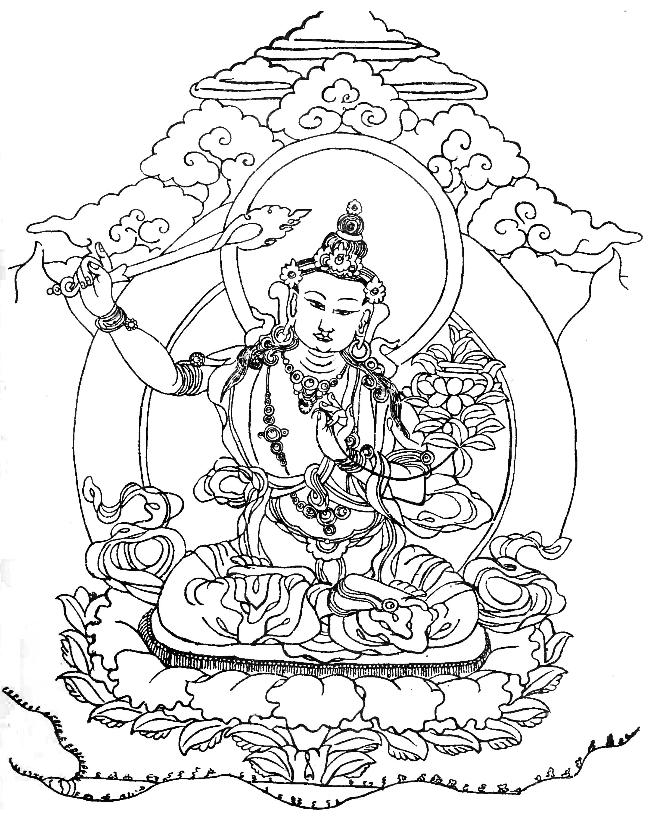 Gravure de Manjushri tenant une épée, un lotus soutenant un livre à son côté