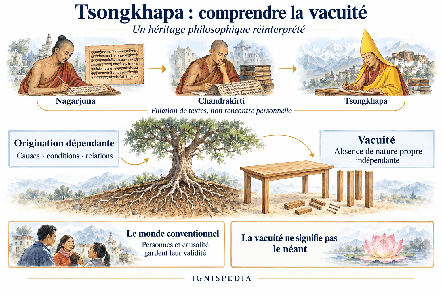 Vacuité et origination dépendante selon Tsongkhapa : filiation textuelle et exemple d’une table