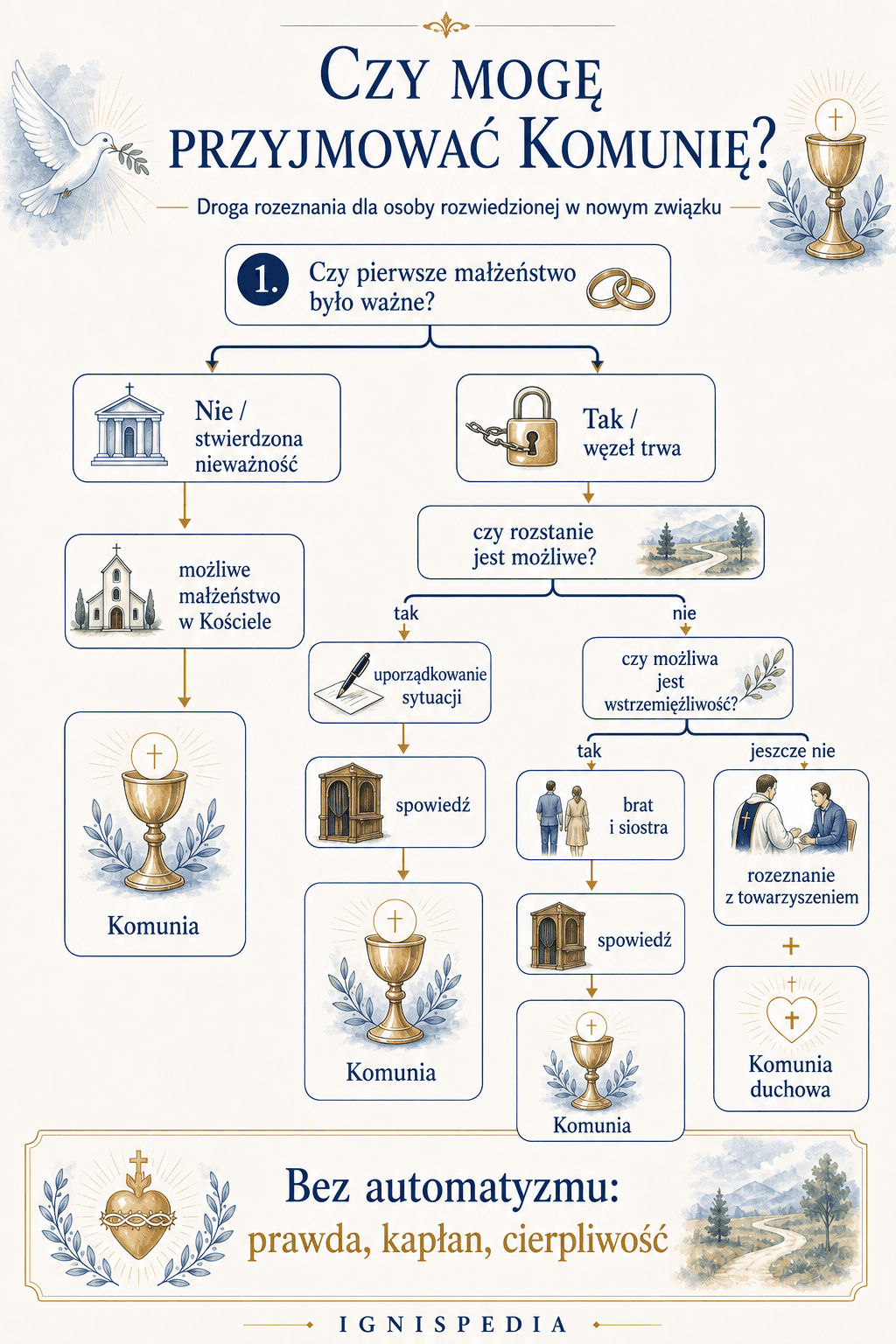 Infografika — drzewo decyzyjne: czy pierwsze małżeństwo jest ważne? procedura stwierdzenia nieważności; jeśli nie, czy możliwe jest rozstanie? wstrzemięźliwość jak brat i siostra; jeśli nie, rozeznanie z towarzyszeniem i Komunia duchowa