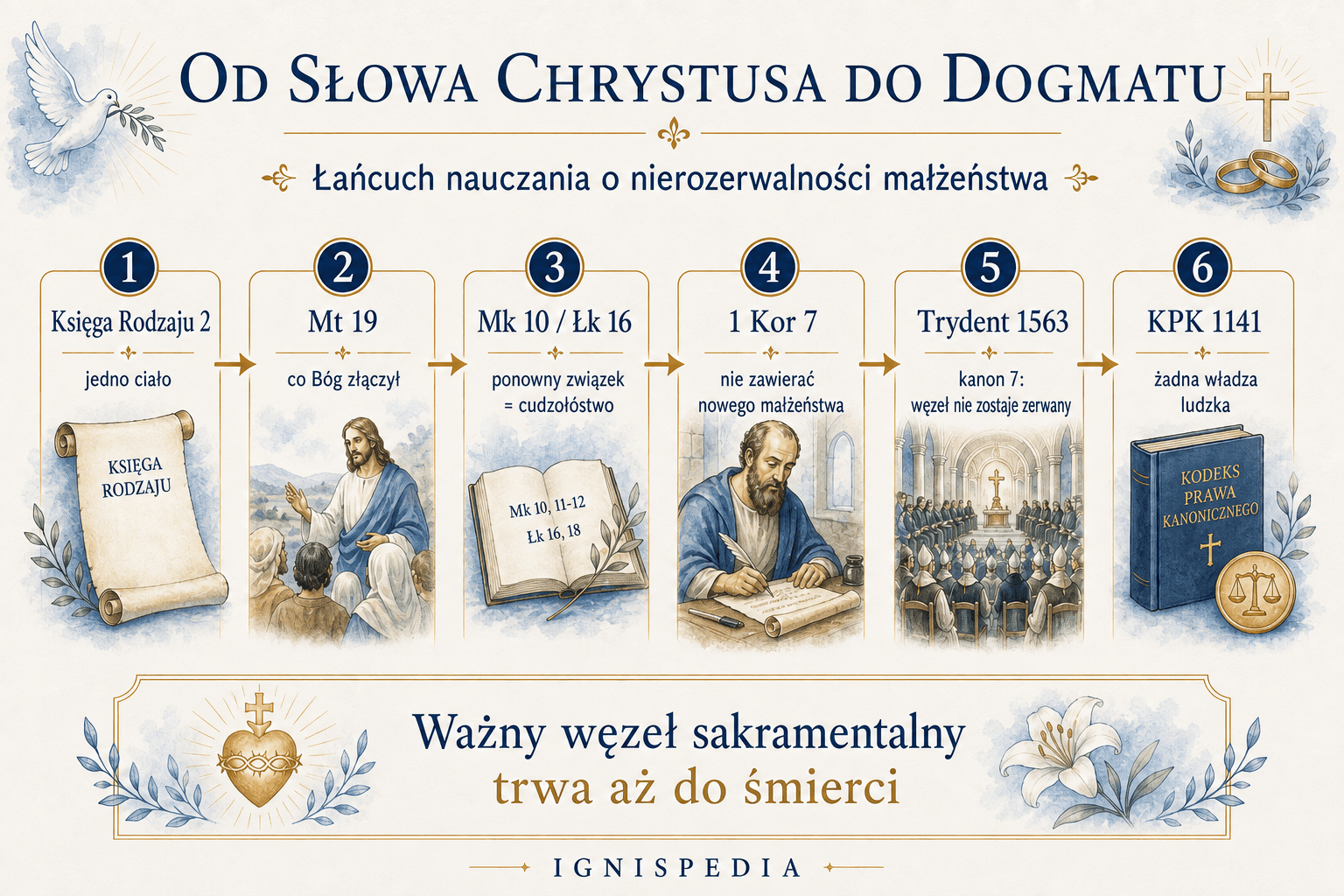 Infografika — łańcuch źródeł: Księga Rodzaju, Mateusz 19, Marek 10, Łukasz 16, 1 List do Koryntian 7, następnie Sobór Trydencki, sesja XXIV, kanon 7
