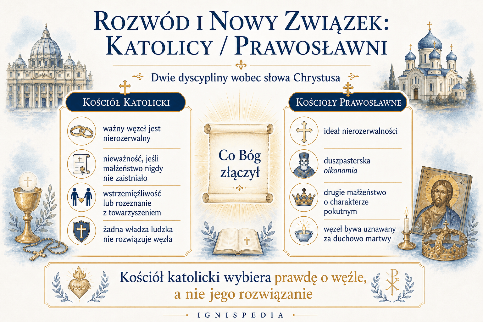 Infografika porównawcza — dyscyplina katolicka (nierozerwalność, nieważność, wstrzemięźliwość) i dyscyplina prawosławna (oikonomia, pokutne drugie małżeństwo)
