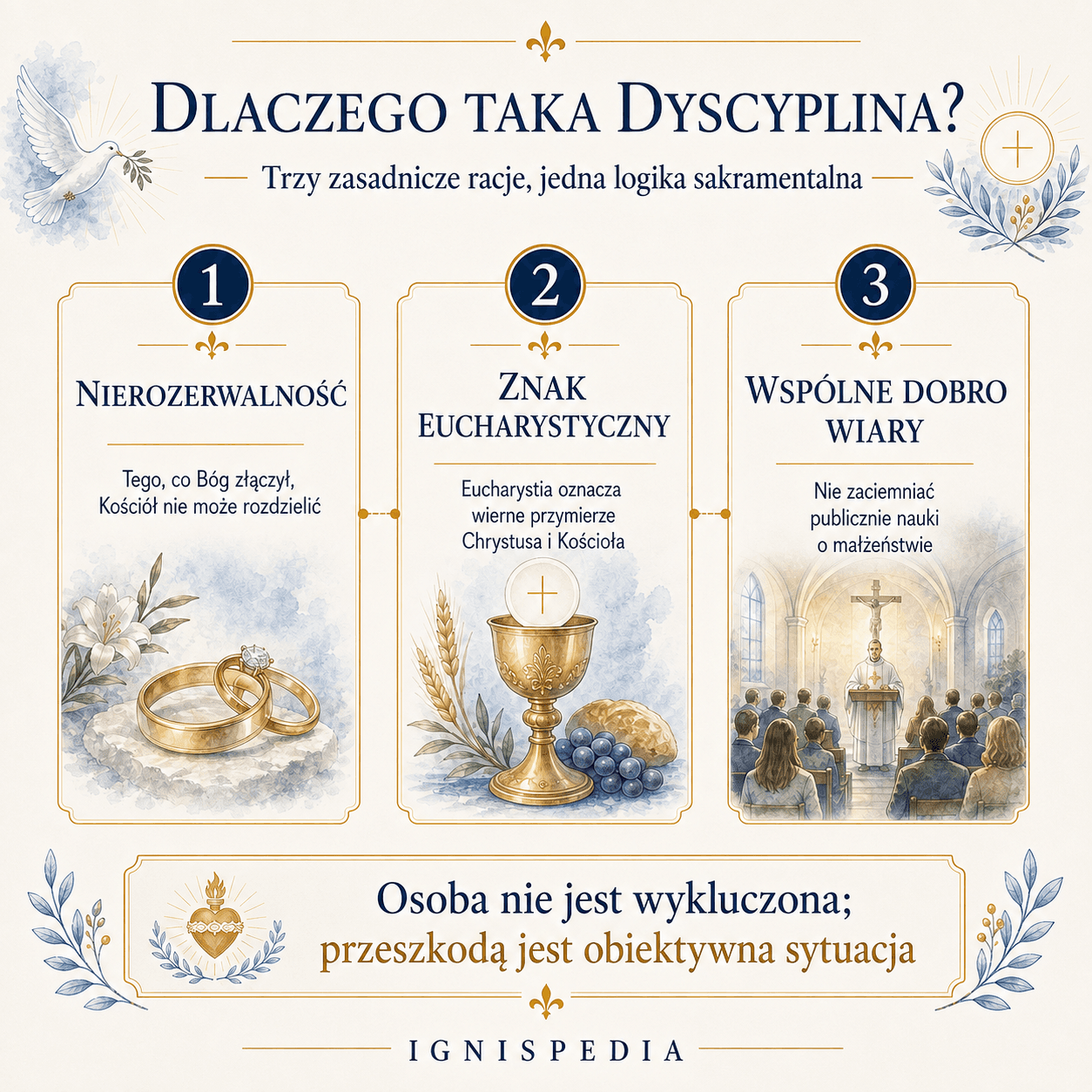 Infografika — trzy powody: nierozerwalność małżeństwa, spójność znaku eucharystycznego, ryzyko zgorszenia dotyczące nierozerwalności