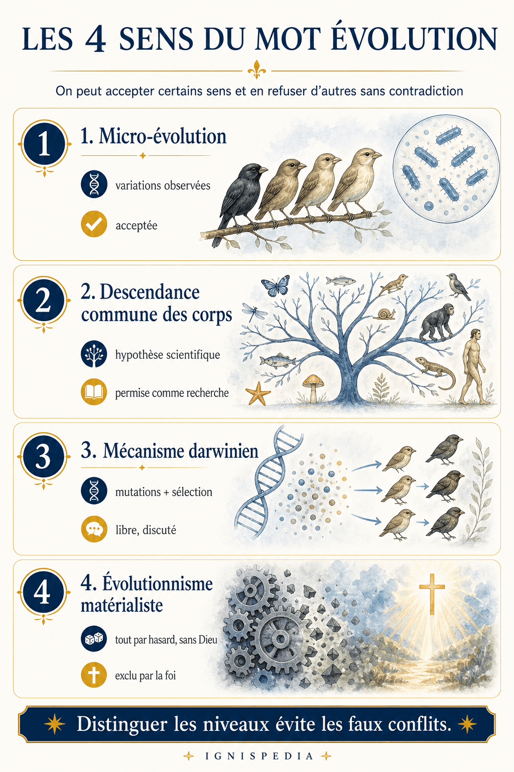 Infografia: os quatro sentidos da palavra evolução — microevolução observada, descendência comum dos corpos, mecanismo darwiniano, evolucionismo materialista
