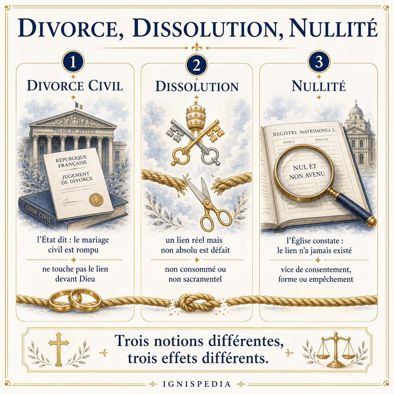 Infographie distinguant divorce civil, dissolution canonique et déclaration de nullité