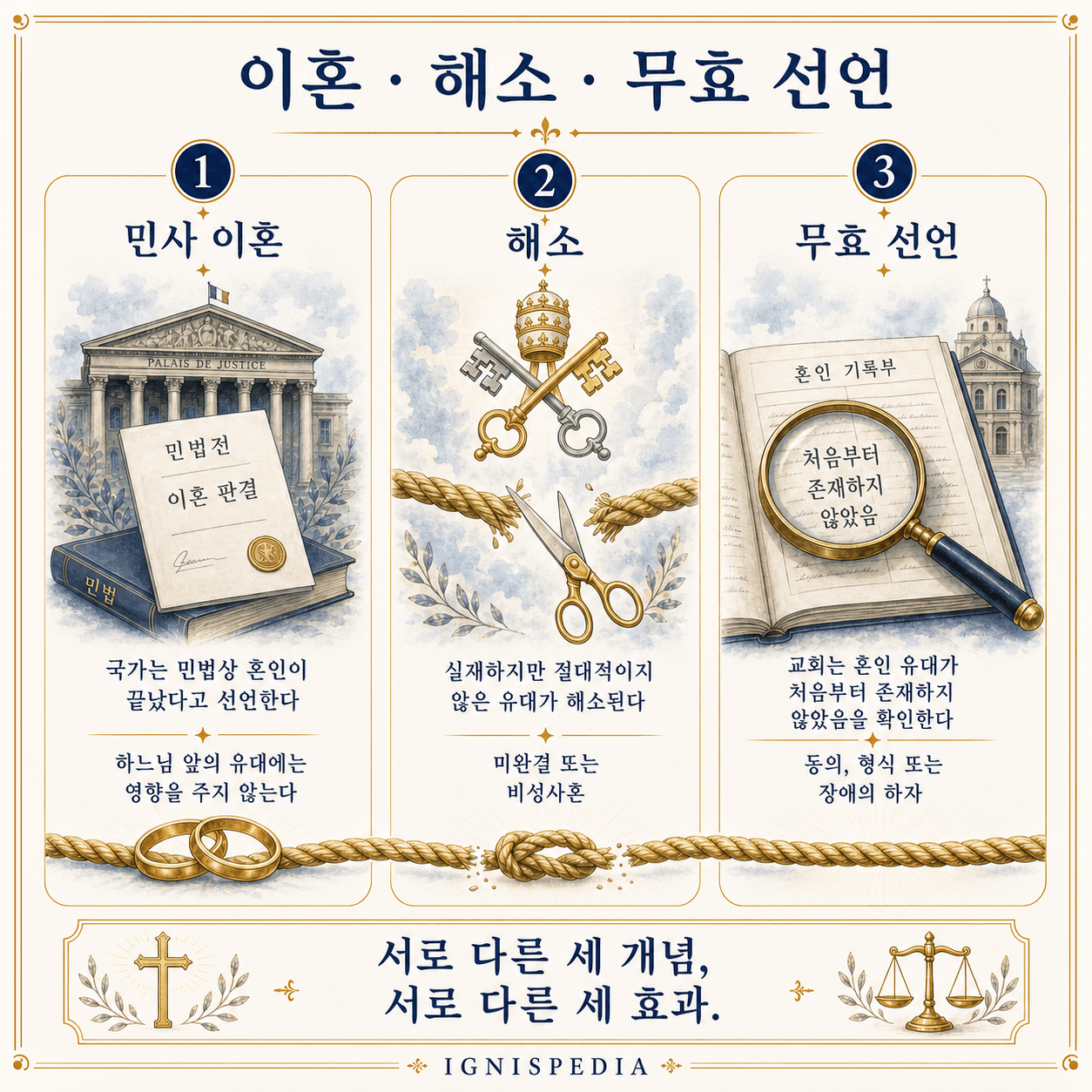 민사 이혼, 교회법상 해소, 혼인 무효 선언을 구분하는 인포그래픽