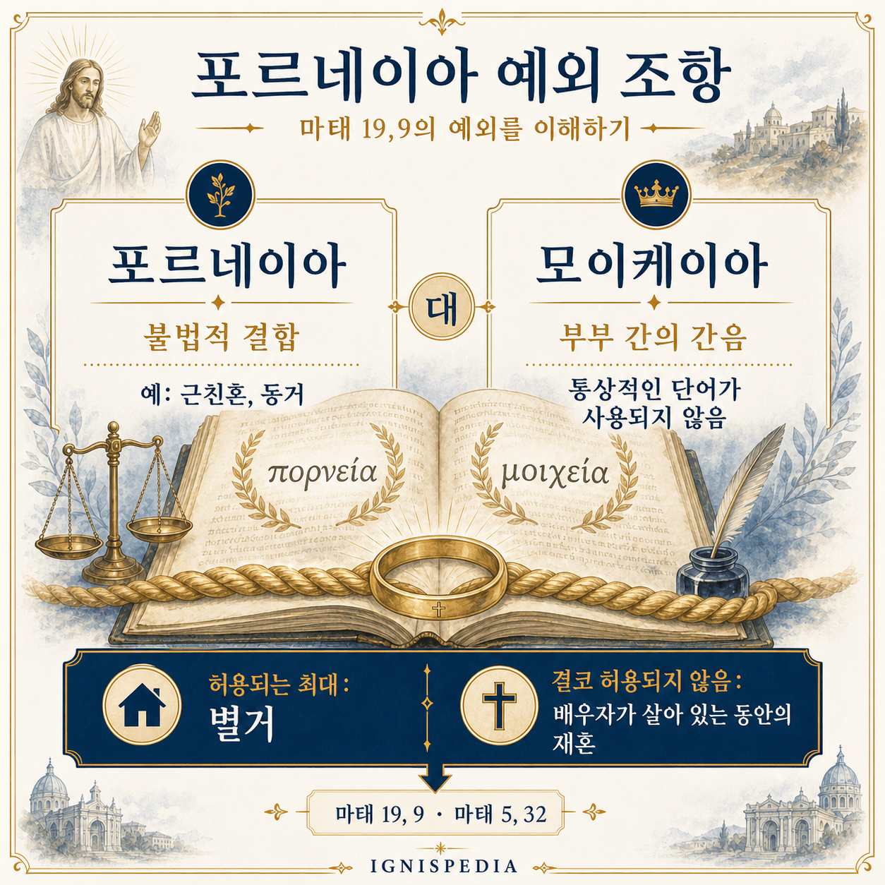 마태오 복음의 포르네이아 조항과 부부 간 간음의 차이를 설명하는 인포그래픽