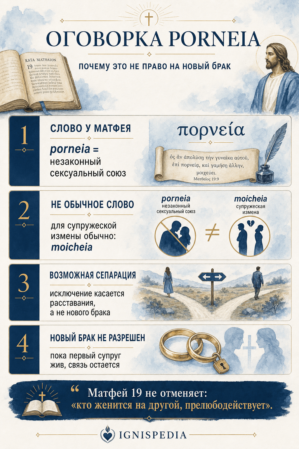 Инфография, объясняющая оговорку porneia у Матфея и ее отличие от супружеской измены