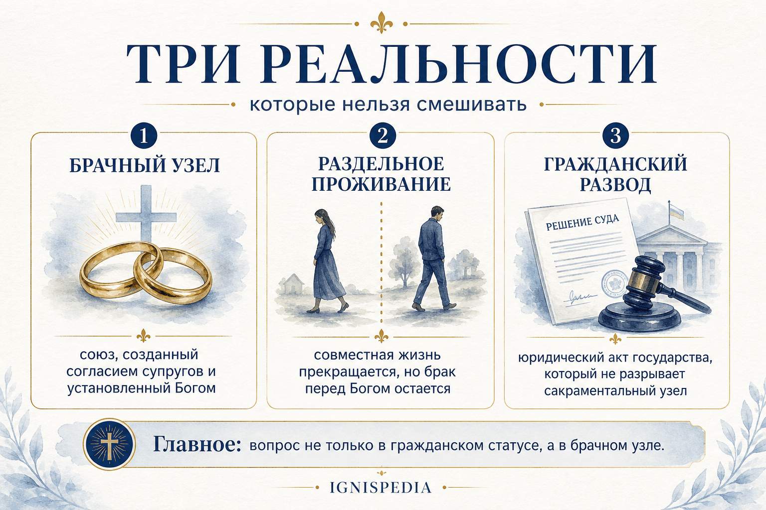 Инфография, различающая брачный узел, раздельное проживание и гражданский развод