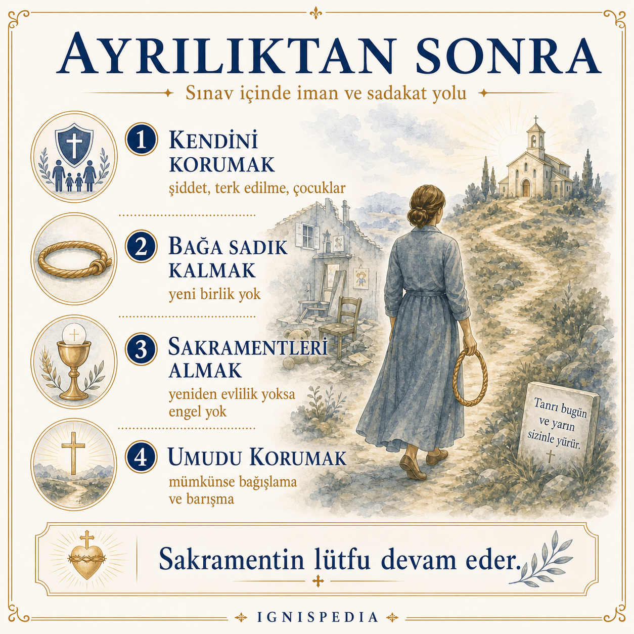 Ayrılık veya yeniden evlenmesiz medeni boşanmadan sonra Hristiyan yolunu gösteren infografik