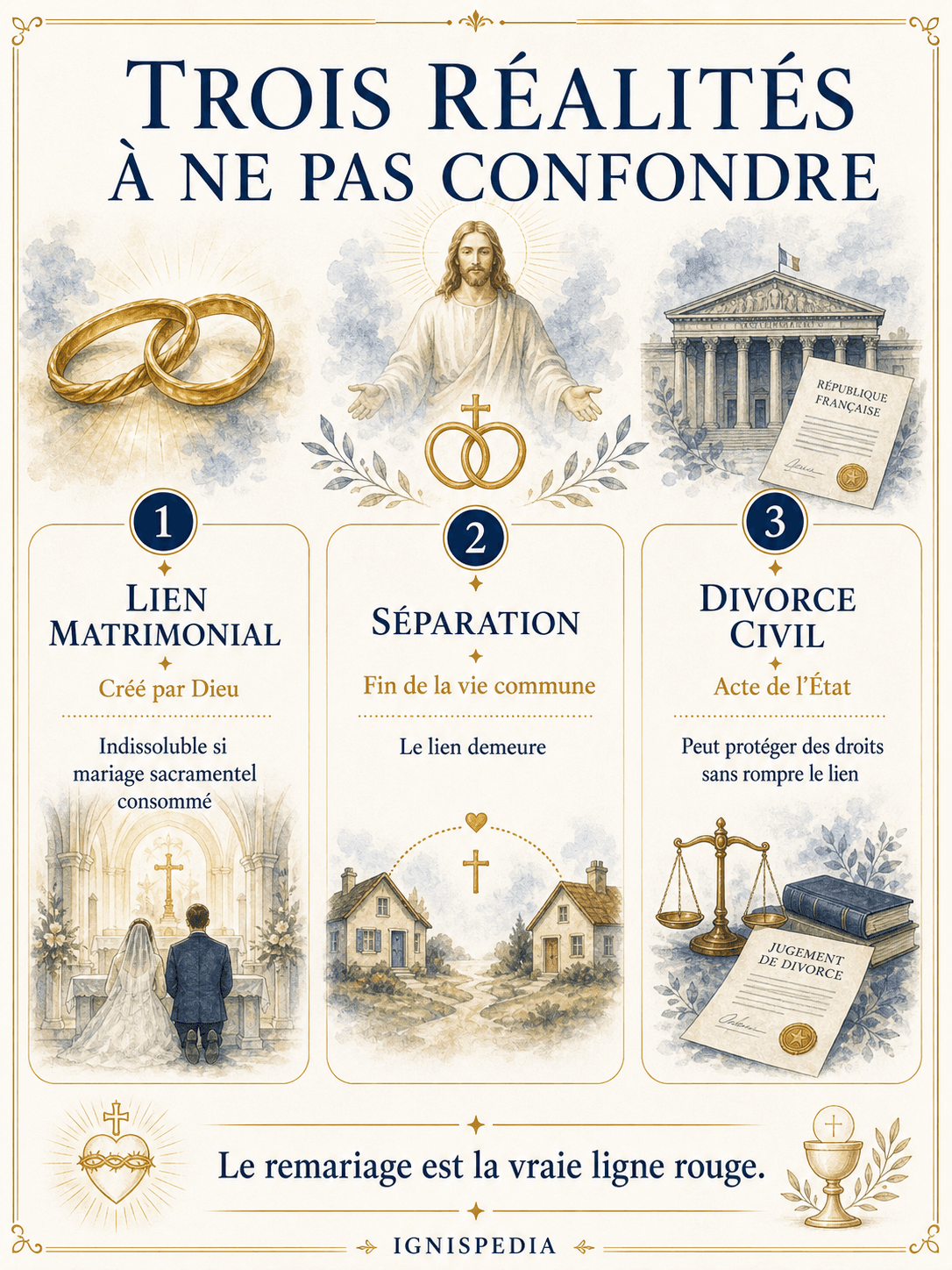 Infographie distinguant le lien matrimonial, la séparation de corps et le divorce civil