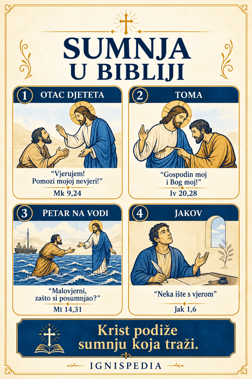 Infografika: četiri biblijska lika sumnje: otac opsjednutoga djeteta, apostol Toma, Petar koji hoda po vodi i Jakovljeva poslanica