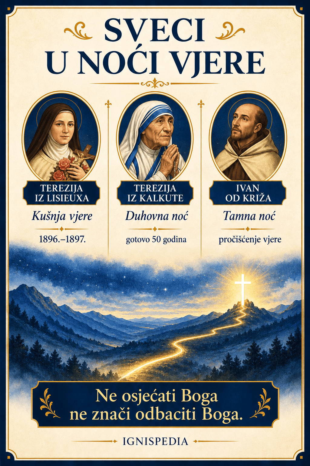 Infografika: troje svetaca koji su prošli kroz noć vjere: Terezija iz Lisieuxa, Terezija iz Kalkute, Ivan od Križa