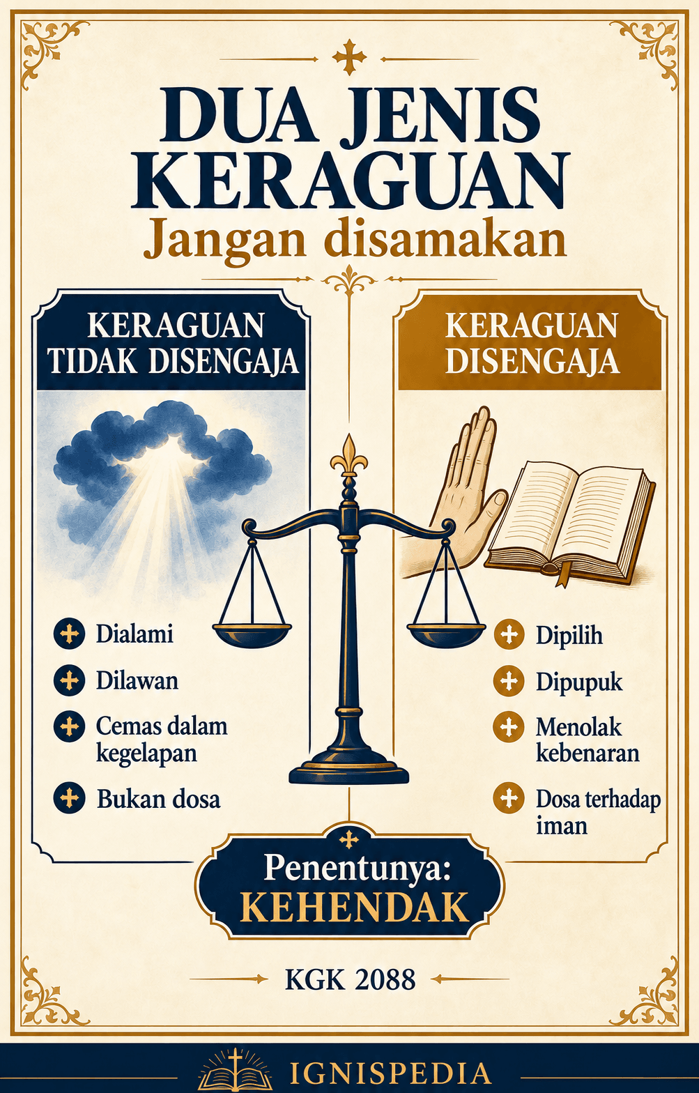 Infografis — perbandingan keraguan yang tidak disengaja (diderita, diperangi, tidak bersalah) dan keraguan yang disengaja (dipilih, dikembangkan, dosa terhadap iman)