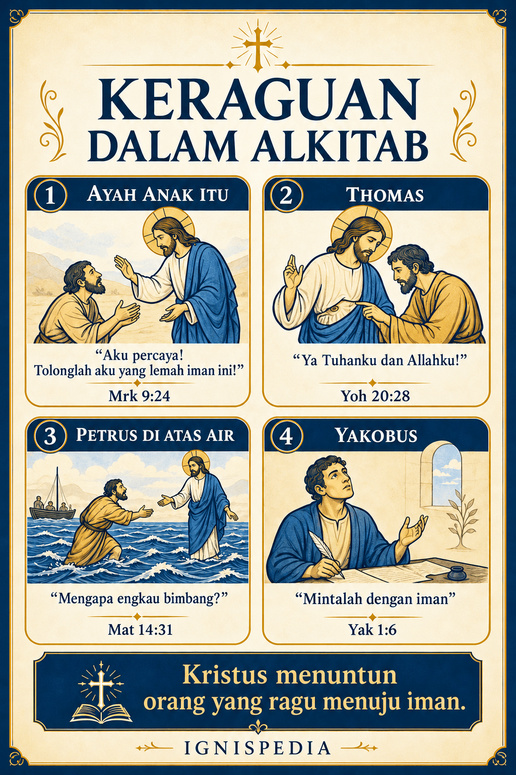 Infografis — empat tokoh Alkitab tentang keraguan: ayah anak yang kerasukan, rasul Thomas, Petrus berjalan di atas air, dan surat Yakobus