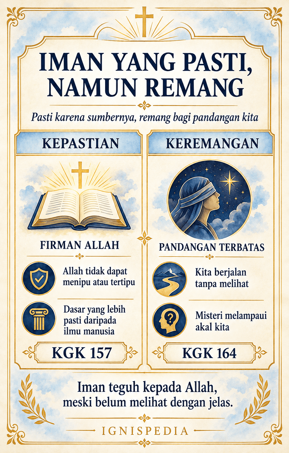 Infografis — iman lebih pasti daripada ilmu pengetahuan mengenai sebabnya (Firman Allah), tetapi lebih kabur mengenai cara kita mengenalinya