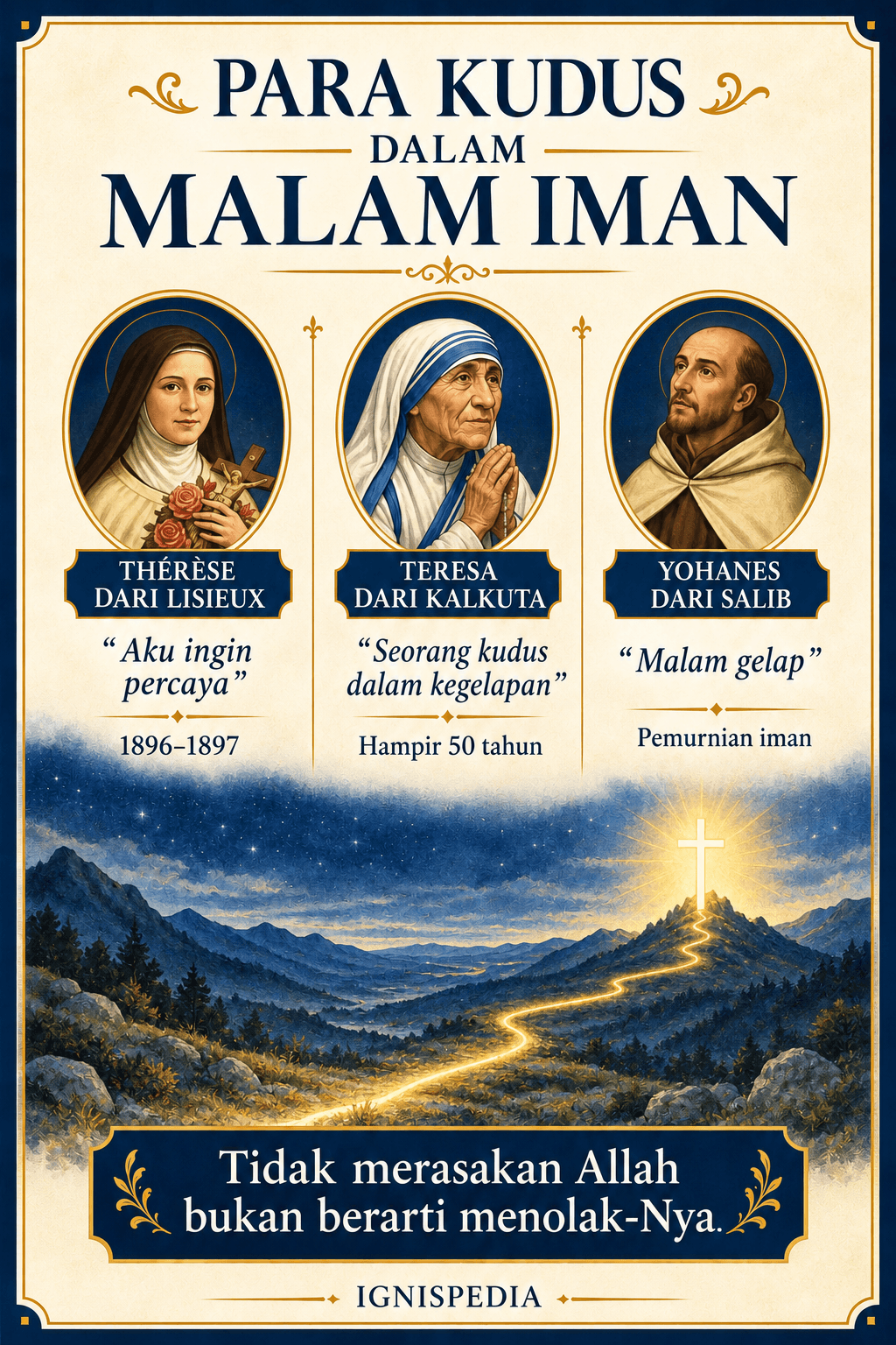 Infografis — tiga kudus yang telah menembus malam iman: Thérèse dari Lisieux, Teresa dari Kalkuta, Yohanes dari Salib