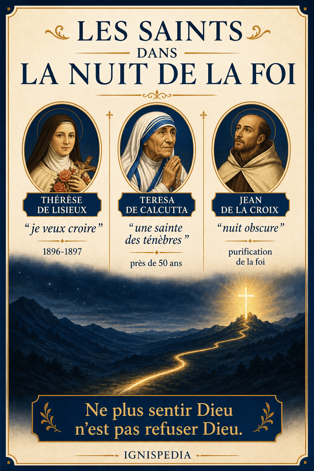 Infographie — trois saints qui ont traversé la nuit de la foi : Thérèse de Lisieux, Teresa de Calcutta, Jean de la Croix