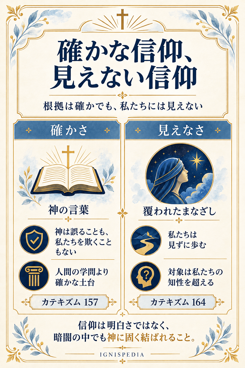 インフォグラフィック。信仰は、その原因（神の言葉）の点では学問よりも確かだが、私たちの認識の仕方の点ではより曖昧である