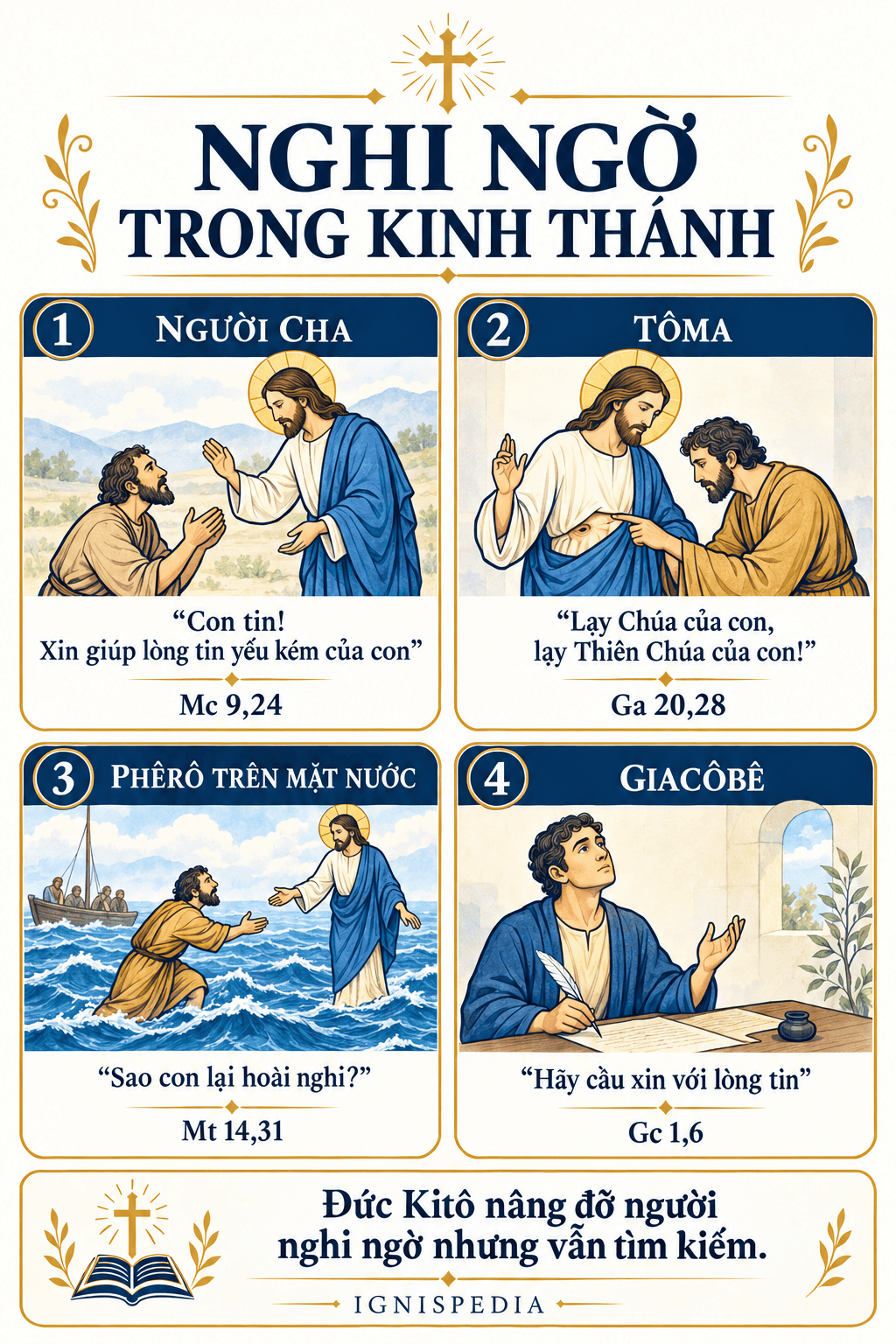 Đồ họa thông tin — bốn nhân vật Kinh Thánh về nghi ngờ: người cha của đứa trẻ bị quỷ ám, tông đồ Tôma, Phêrô đi trên mặt nước, và thư Giacôbê