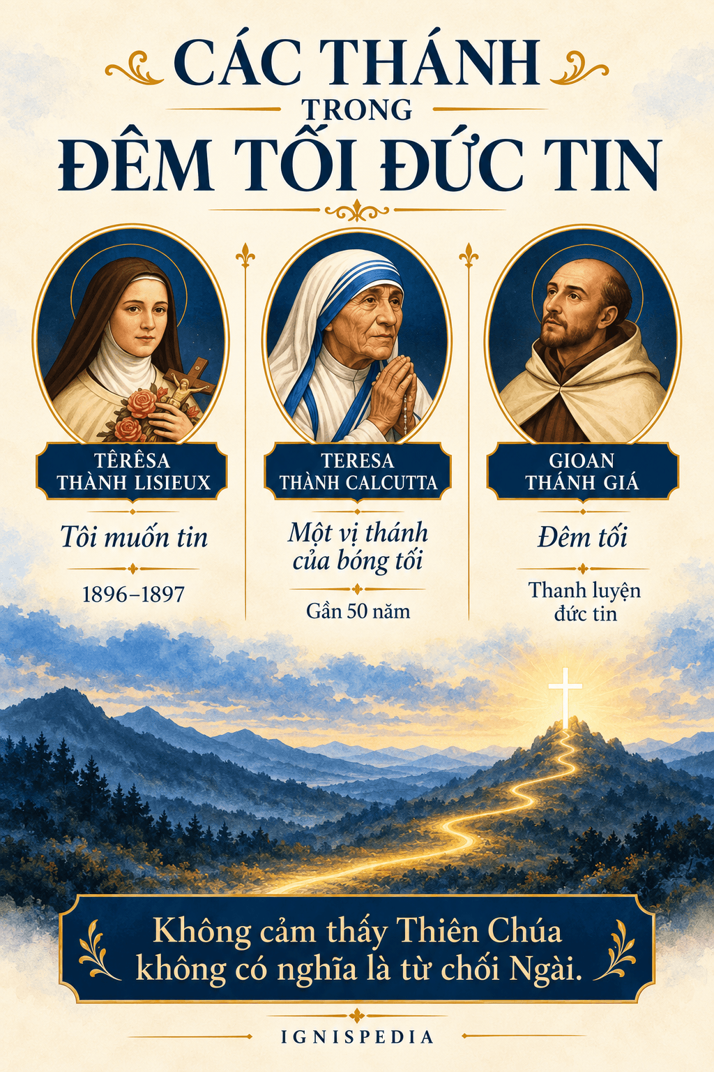 Đồ họa thông tin — ba vị thánh đã trải qua đêm tối của đức tin: Têrêsa thành Lisieux, Teresa thành Calcutta, Gioan Thánh Giá