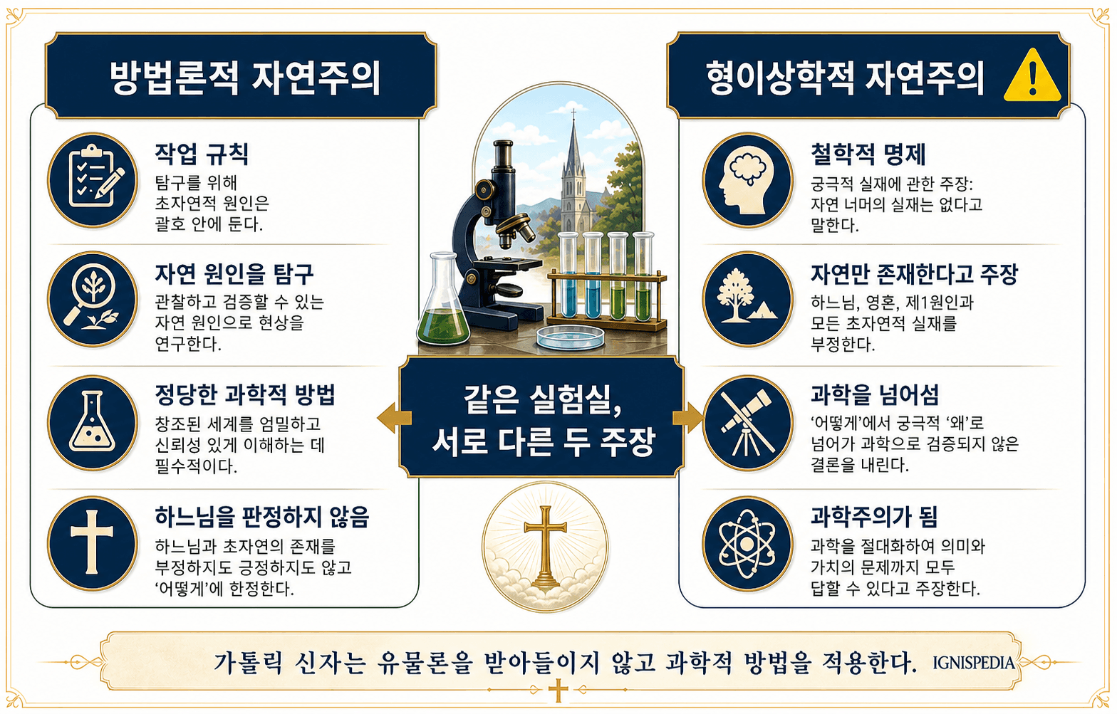 방법론적 자연주의와 형이상학적 자연주의 또는 과학주의를 비교한 인포그래픽