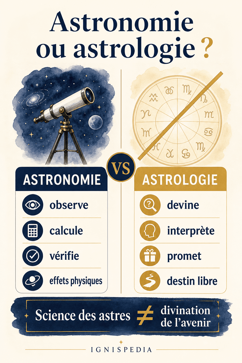 Infographie comparant l'astronomie et l'astrologie : science des astres contre divination de l'avenir
