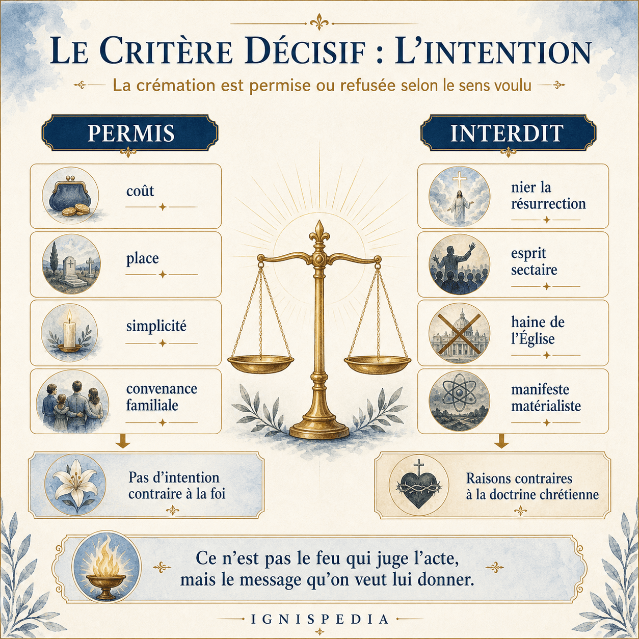 Infographie — le critère de l'intention : crémation par commodité (permise) versus crémation pour nier la résurrection (interdite)