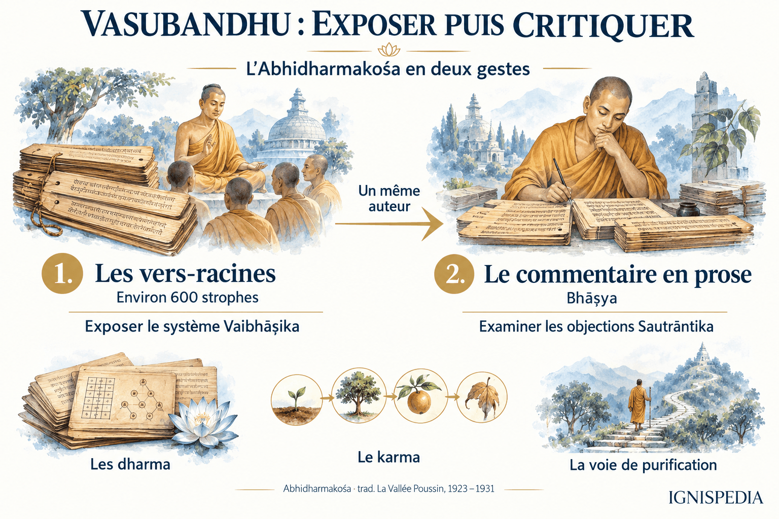 Les vers-racines de l’Abhidharmakośa exposent le système Vaibhāṣika ; le commentaire du même auteur le soumet à la critique Sautrāntika