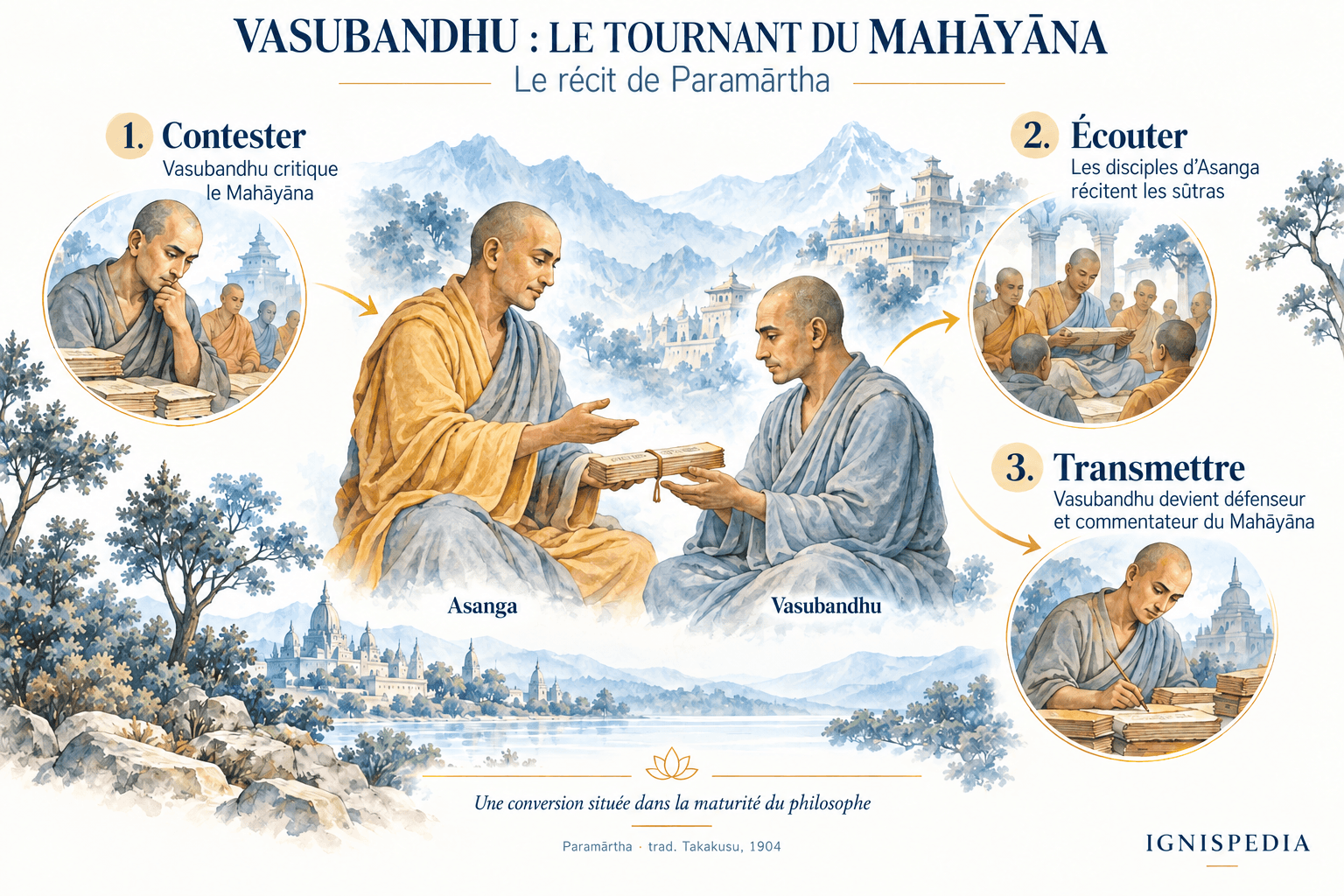 Trois étapes du récit de la conversion de Vasubandhu : contester, écouter les sûtras puis transmettre le Mahāyāna