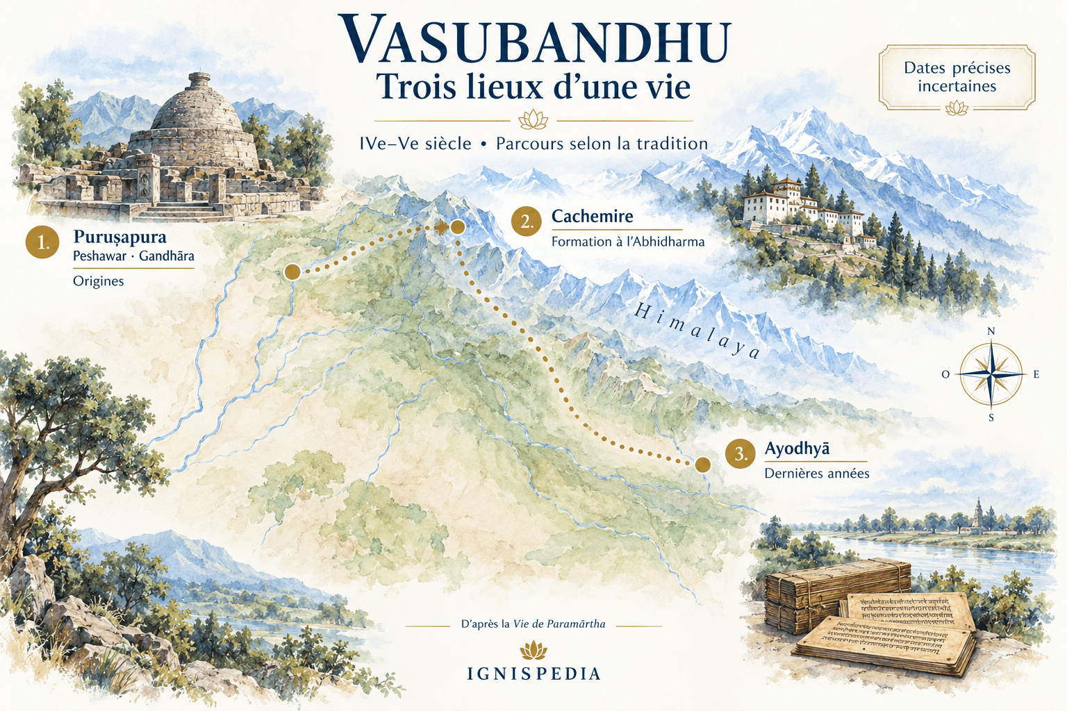 Carte schématique des trois lieux de la vie traditionnelle de Vasubandhu : Puruṣapura, Cachemire et Ayodhyā