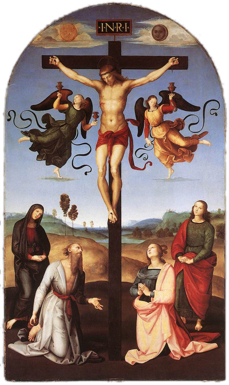 Die Mond-Kreuzigung, mit Maria und dem heiligen Johannes am Fuße des Kreuzes, um 1502–1503