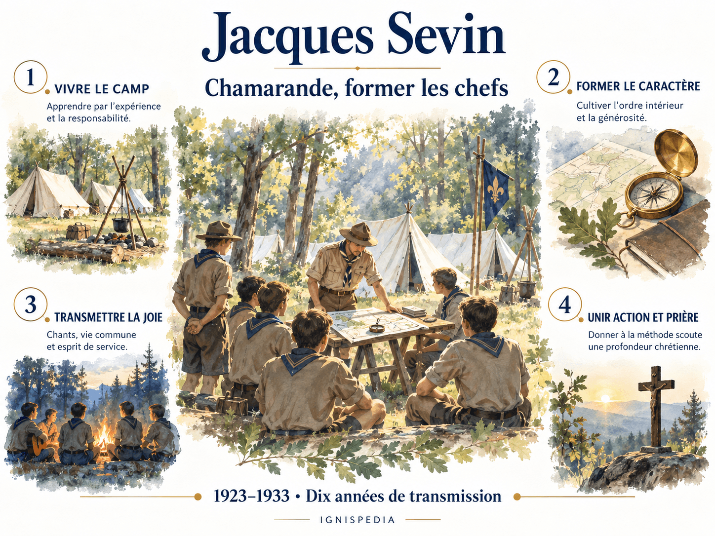 Infographie : quatre dimensions de la formation des chefs à Chamarande entre 1923 et 1933, expérience, caractère, joie et prière.