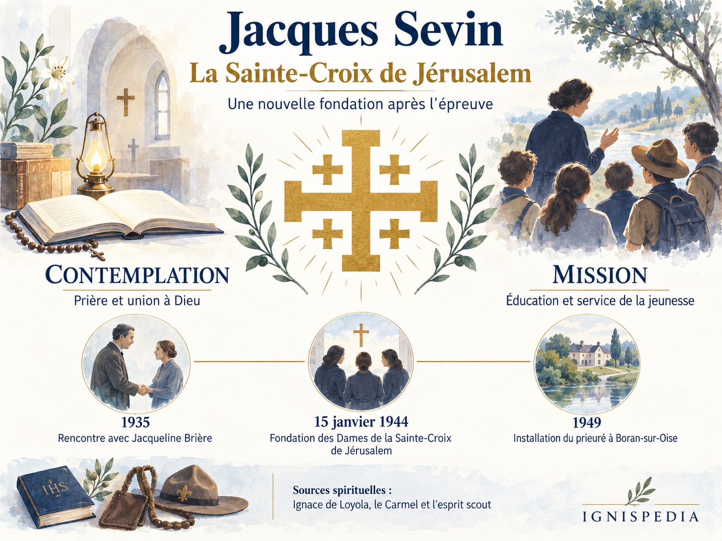 Infographie : la fondation de la Sainte-Croix de Jérusalem, de la rencontre avec Jacqueline Brière en 1935 à Boran-sur-Oise en 1949.