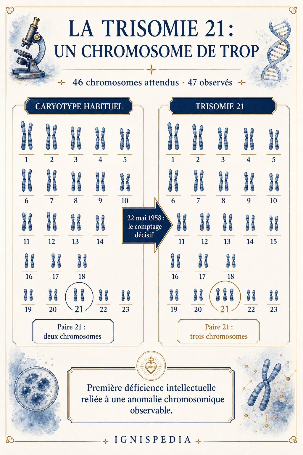 Normal bir karyotip ile 21. çiftte üç kromozom taşıyan bir trizomi 21 karyotipini karşılaştıran infografik