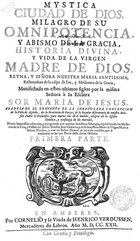 Strona tytułowa Mística Ciudad de Dios, wydanie antwerpskie z 1722 roku