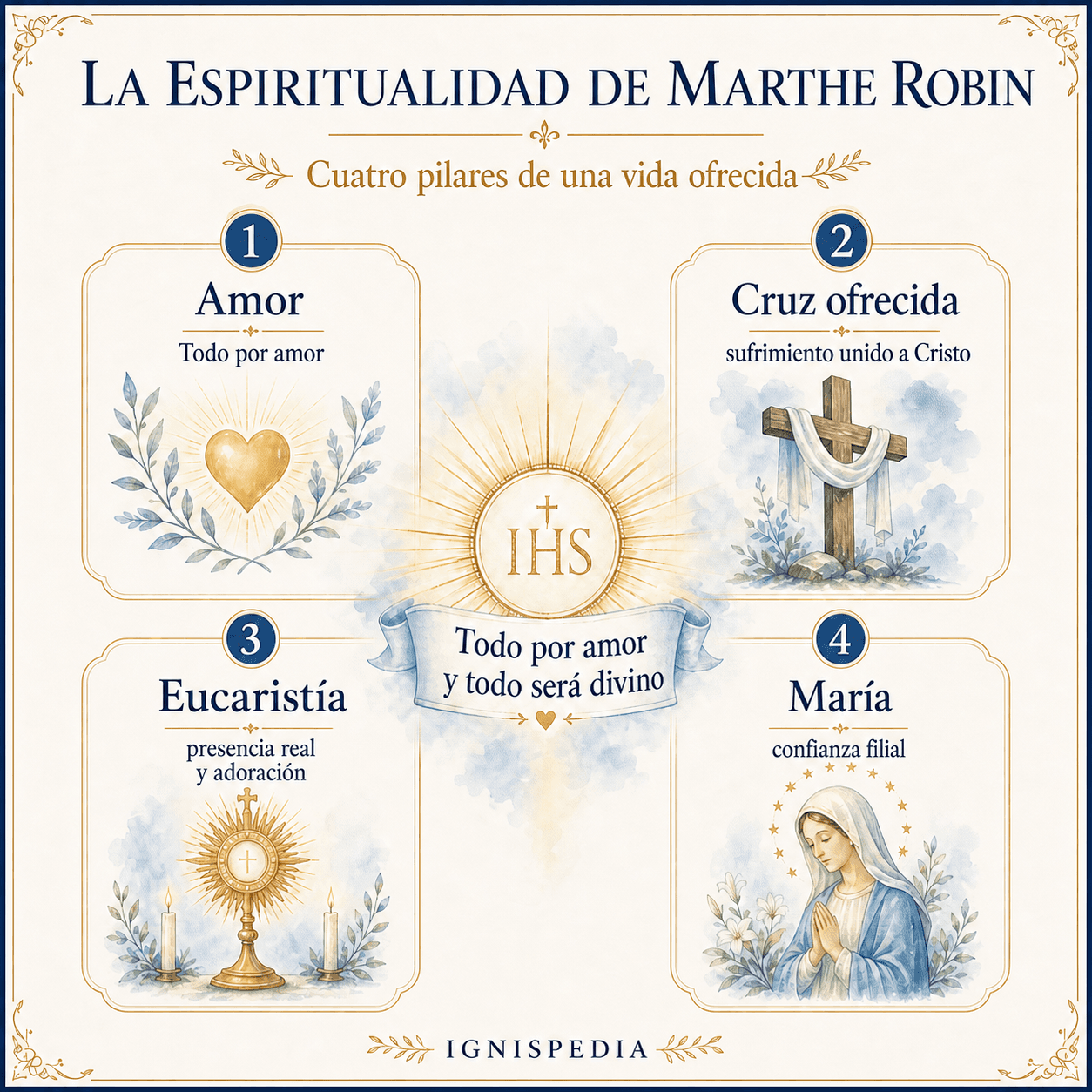 Infografía de los cuatro pilares de la espiritualidad de Marthe Robin: amor, cruz ofrecida, Eucaristía y María.
