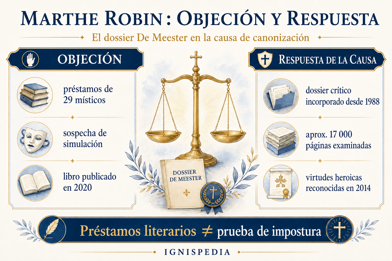 Esquema equilibrado que presenta la objeción de De Meester contra Marthe Robin y la respuesta de la causa de canonización.