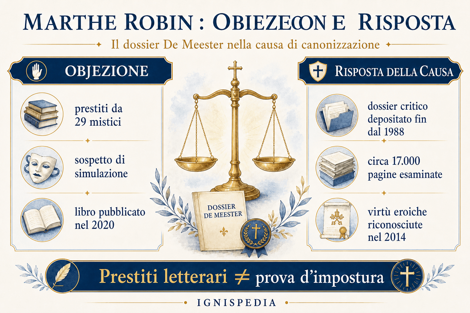 Schema equilibrato che presenta l’obiezione di De Meester contro Marthe Robin e la risposta della causa di canonizzazione.