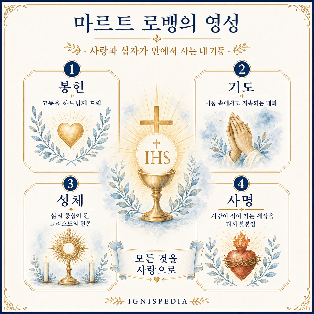Marthe Robin 영성의 네 기둥: 사랑, 바쳐진 십자가, 성체, 마리아를 보여주는 인포그래픽.
