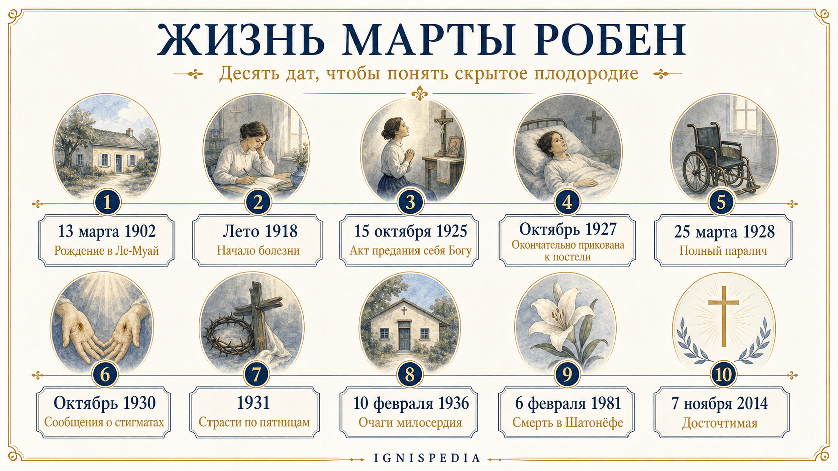 Иллюстрированная хронология десяти основных дат жизни Марты Робен.