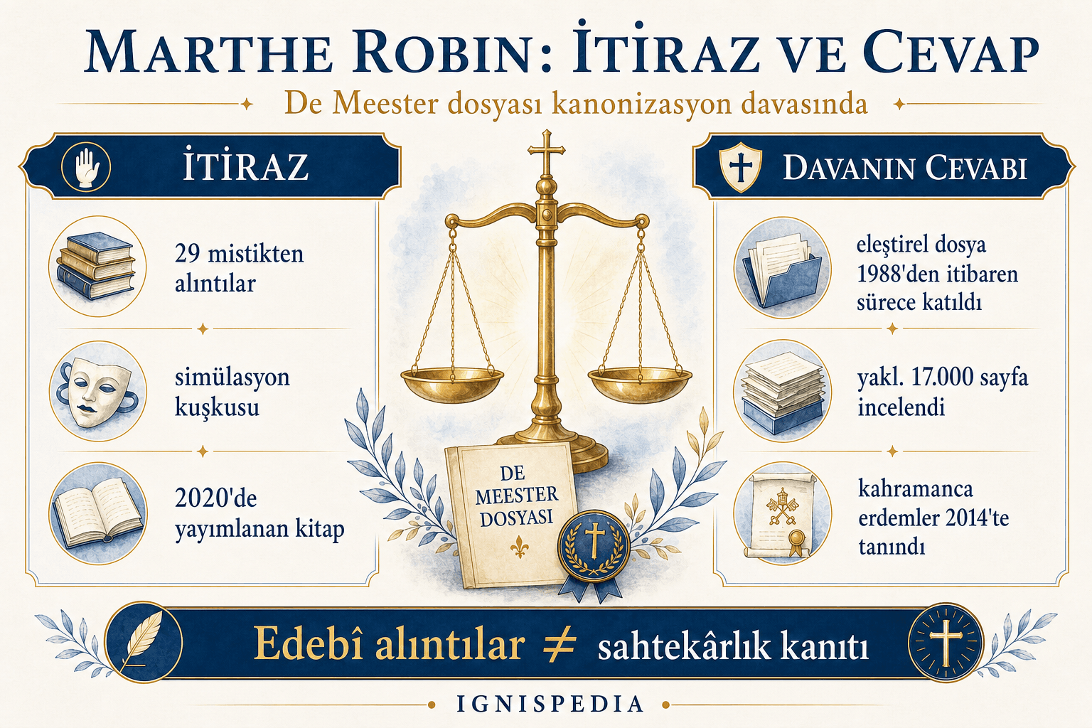 De Meester’in Marthe Robin’e yönelik itirazını ve kanonizasyon davasının yanıtını dengeli şekilde gösteren şema.