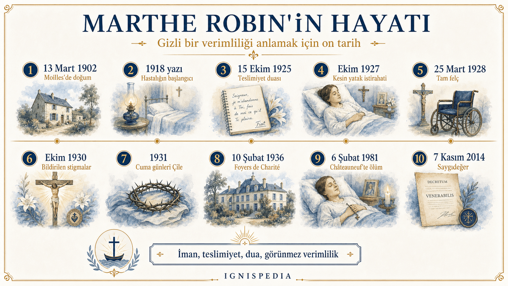 Marthe Robin’in 1902 doğumundan 2014 kahramanca erdemler kararnamesine kadar yaşamının kronolojik çizelgesi.