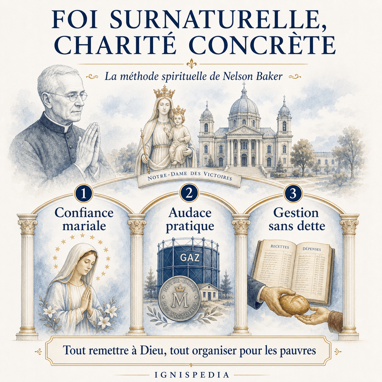 Schema der Spiritualität Nelson Bakers: marianisches Vertrauen, praktische Kühnheit und Wirtschaften ohne Schulden.