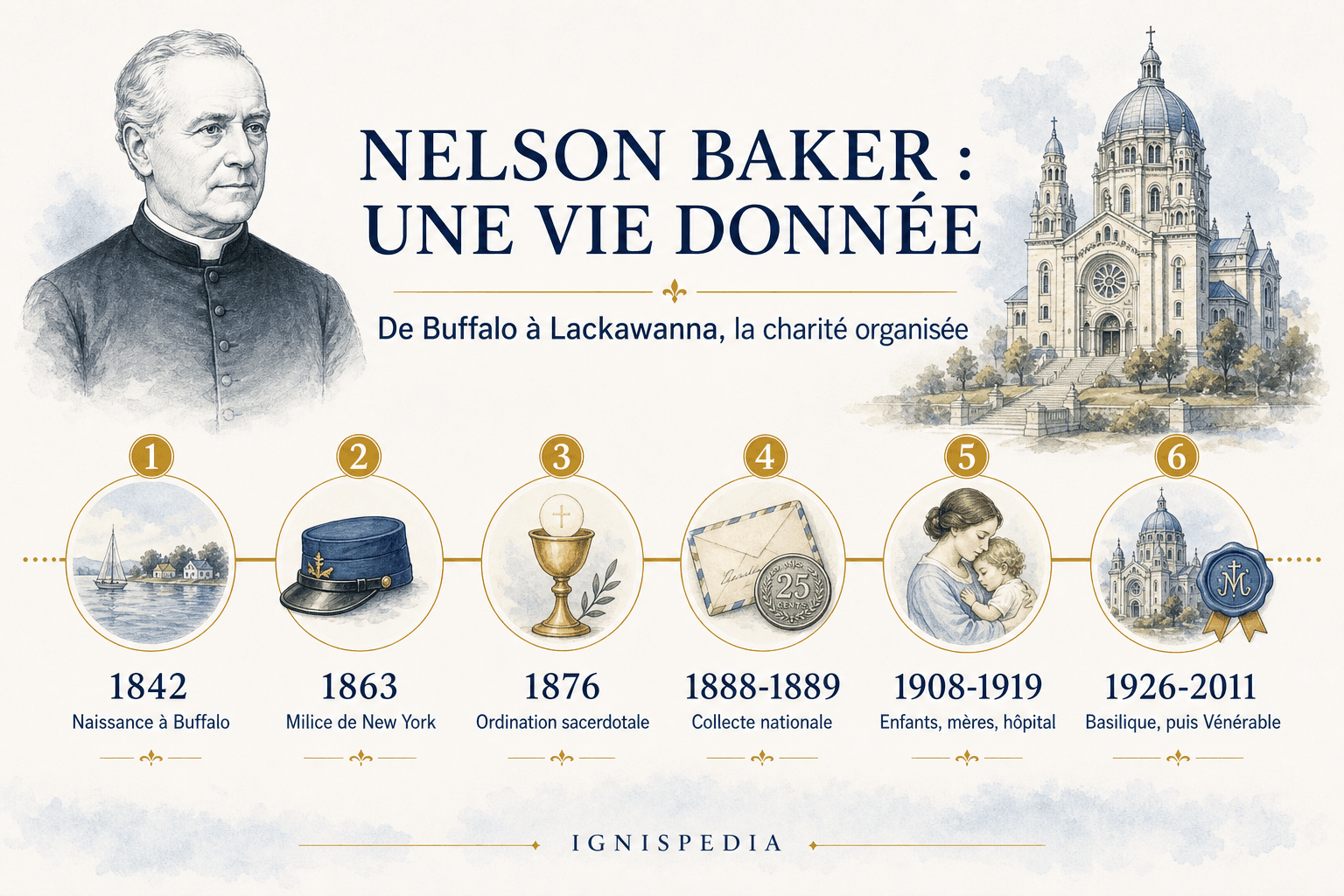 Illustrierter Lebenslauf des ehrwürdigen Nelson Baker, von seiner Geburt in Buffalo bis zu seiner Anerkennung als Ehrwürdiger.