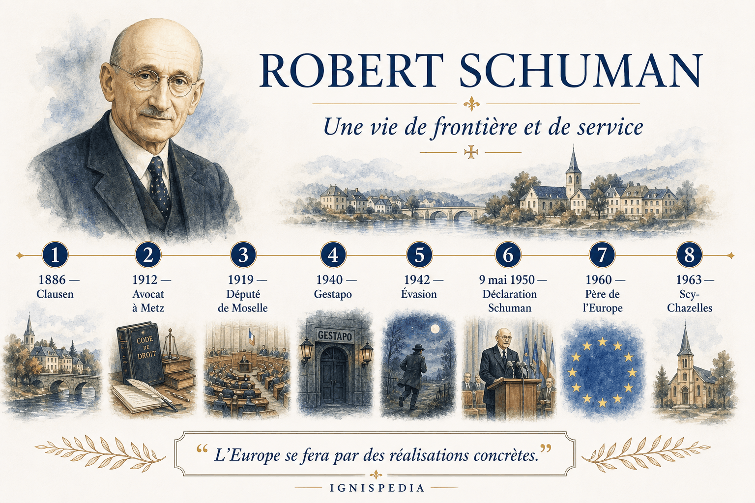Infografia cronológica da vida de Robert Schuman de 1886 a 1963