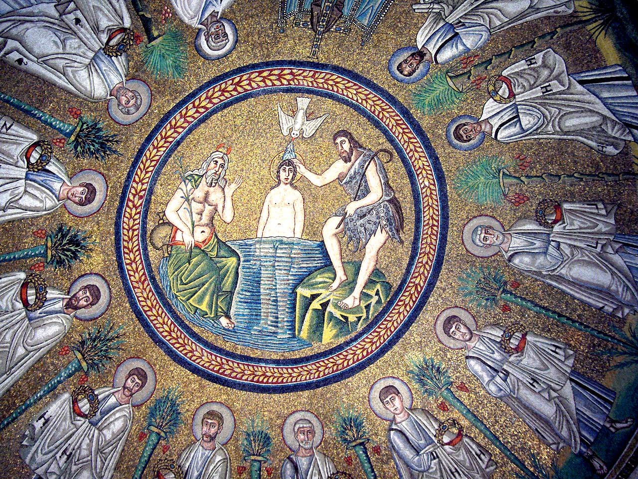 Mosaico da cúpula do batistério ariano de Ravena: o batismo de Cristo