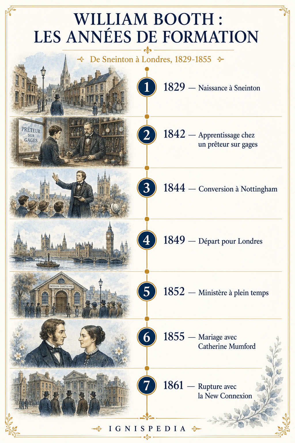 Chronologische Infografik zu den Ausbildungsjahren von William Booth, von seiner Geburt in Sneinton bis zu seinem Bruch mit der Methodist New Connexion.