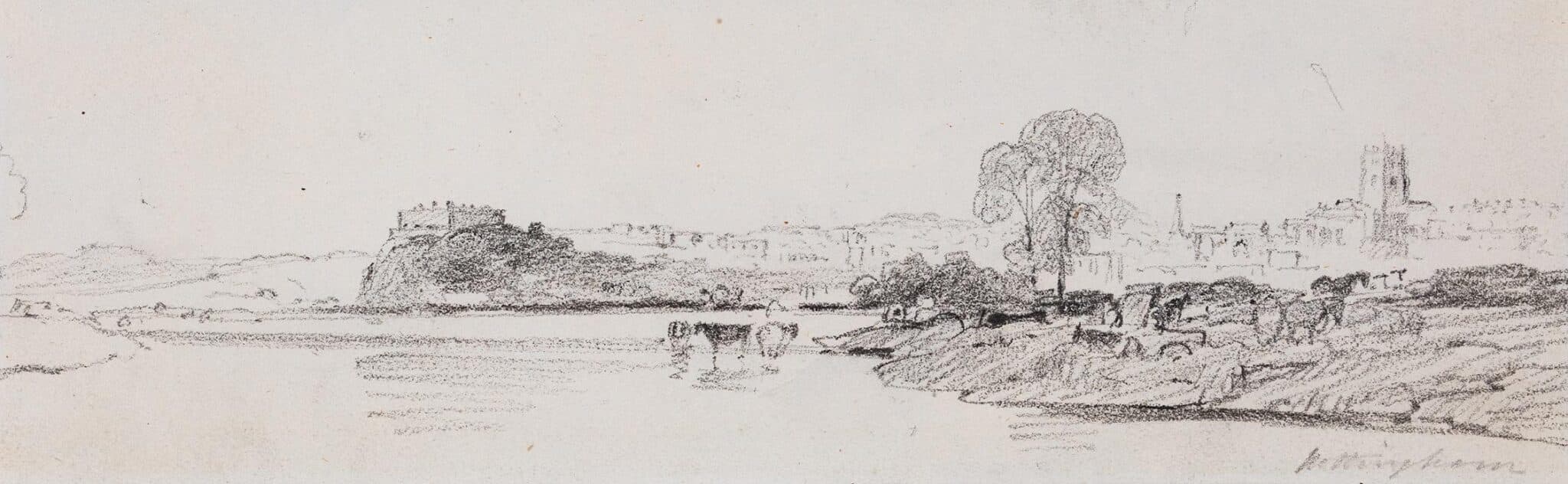 Blick auf Nottingham vom Trent aus, Zeichnung von Peter De Wint vor 1850.