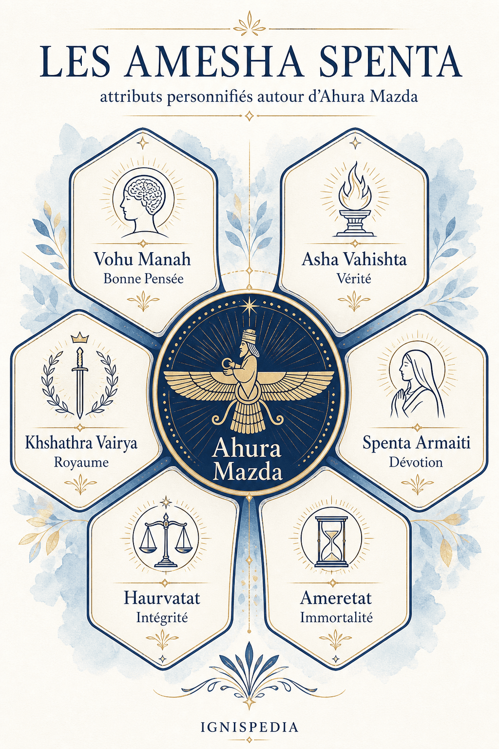 Infographie des Amesha Spenta autour d'Ahura Mazda