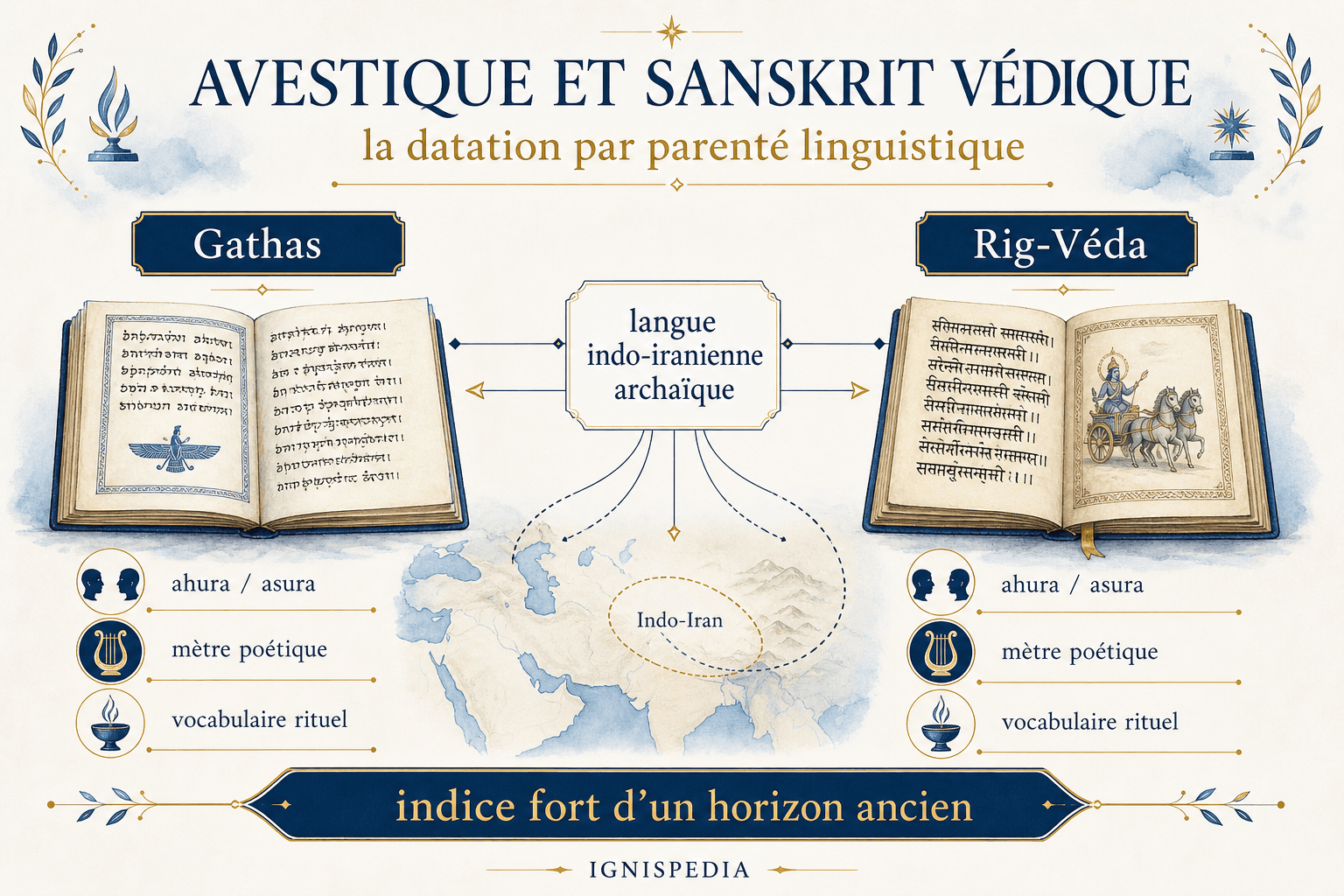 Infographie comparant l'avestique gathique et le sanskrit védique